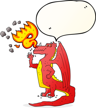 Serbest konuşma balonu çizgi filmi mutlu ejderha nefes ateşi bir insan tarafından çizildi