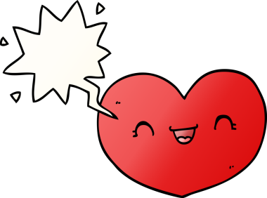 Bir insan tarafından çizilmiş, konuşma baloncuklu karikatür aşk kalbi.