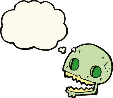 Bir insan tarafından çizilmiş düşünce baloncuklu garip kafatası.