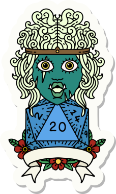 Bir insan tarafından çizilmiş doğal 20 zarlı yarı ork barbar bir karakterin çıkartması.