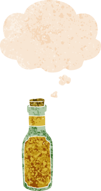 Düşünce baloncuklu çizgi film iksiri şişesi grunge sıkıntılı retro stili bir insan tarafından çizilmiş