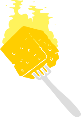 Bir insan tarafından çizilmiş çatalın üzerindeki peynirin düz renk çizimi