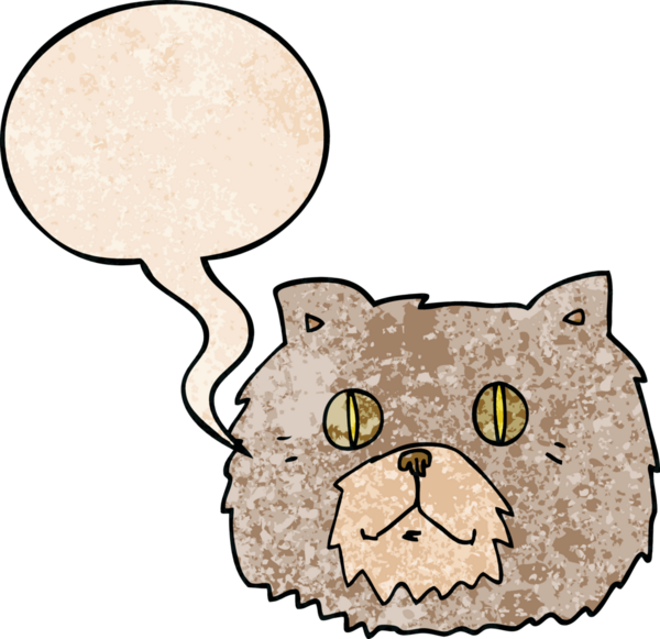 bir insan tarafından çizilmiş eski moda bir konuşma baloncuğu ile çizgi film kedisi yüzü