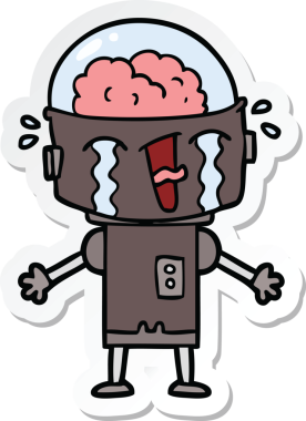 Bir insan tarafından çizilmiş ağlayan bir robot çıkartması.