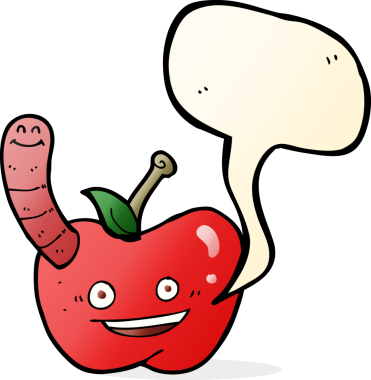 bir insan tarafından çizilmiş konuşma baloncuklu kurtlu çizgi film elması