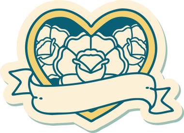 Geleneksel kalp stili dövme çıkartması ve bir insan tarafından çizilmiş çiçekli pankart.