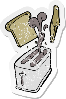 Bir insan tarafından çizilen ekmeği tüküren bir çizgi film tost makinesinin gerilimli yapıştırması.