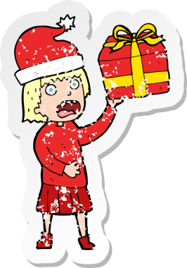 Bir insan tarafından çizilen Noel 'e hazırlanan karikatürlü bir kadının gerilimli çıkartması.