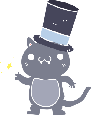 Bir insan tarafından çizilmiş silindir şapkalı düz renkli çizgi film kedisi.