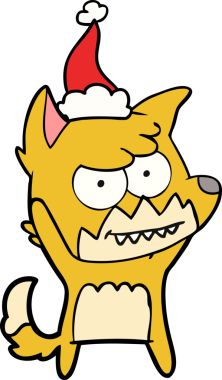 Bir insan tarafından çizilmiş Noel Baba şapkası giymiş sırıtan bir tilkinin el çizimi.