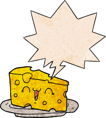 Konuşma baloncuklu şirin çizgi film peyniri insan tarafından çizilmiş eski moda dokular.