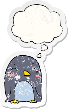 Düşünce baloncuğu olan karikatür pengueni insan tarafından çizilmiş yıpranmış bir çıkartma.