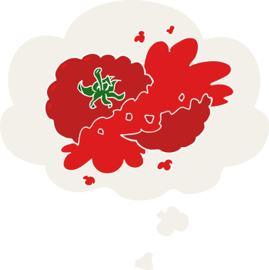 Düşünce baloncuklu ezilmiş domates çizgi filmi bir insan tarafından çizilmiş.