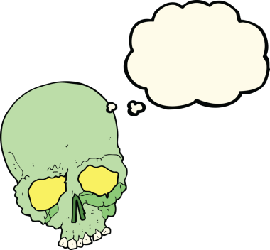 Bir insan tarafından çizilmiş düşünce baloncuklu ürkütücü yaşlı kafatası.