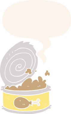 Bir insan tarafından çizilmiş retro tarzı konuşma baloncuklu konserve yiyecekler.