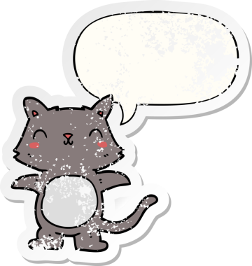 Konuşma baloncuğu olan çizgi film kedisi bir insan tarafından çizilmiş sıkıntılı eski bir çıkartma