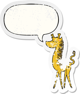 Konuşma balonlu çizgi film zürafası bir insan tarafından çizilmiş sıkıntılı eski bir çıkartma