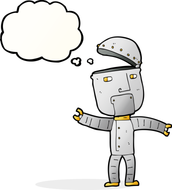 Bir insan tarafından çizilmiş düşünce baloncuklu komik robot.