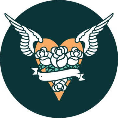 Bir insan tarafından çizilmiş çiçek ve bayrak ile uçan bir kalbin ikonik dövme görüntüsü