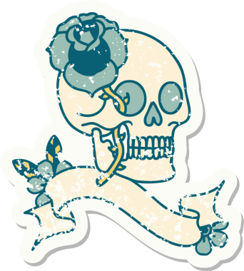 Bir insan tarafından çizilmiş kafatası ve gülü olan eski bir etiket.