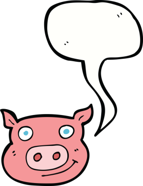 Bir insan tarafından çizilmiş konuşma balonlu domuz suratlı bir çizgi film.