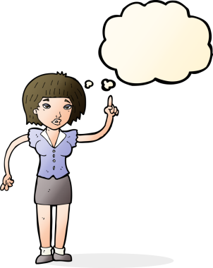 Bir insan tarafından çizilmiş düşünce baloncuğu fikri olan karikatür kadın.