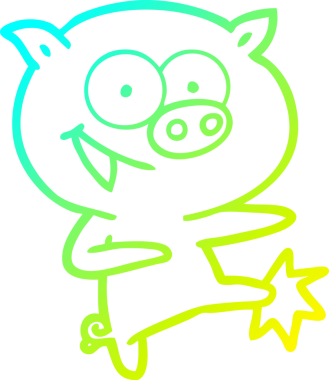 Bir insan tarafından çizilmiş neşeli dans eden domuz çizgi filminin soğuk gradyan çizimi.