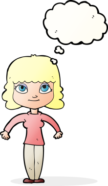 Bir insan tarafından çizilmiş düşünce baloncuğuyla omuz silken çizgi film kadını.