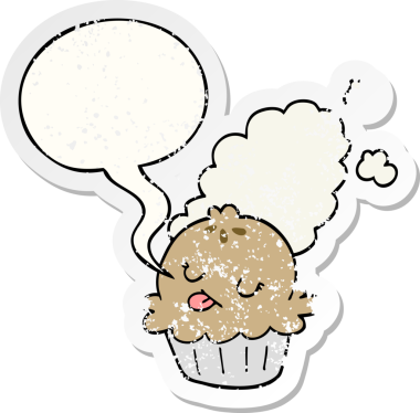 Konuşma baloncuğu olan şirin bir çizgi film pastası bir insan tarafından çizilmiş sıkıntılı eski bir çıkartma.