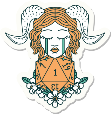 Ağlama etiketi, bir insan tarafından çizilmiş doğal bir D20 zar atışıyla bağlanmış.