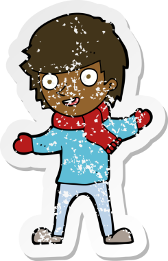 Bir insan tarafından çizilmiş kışlık giysiler içindeki bir çizgi film çocuğunun gerilimli çıkartması.