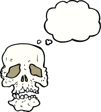 Bir insan tarafından çizilmiş düşünce baloncuklu bir kafatası.