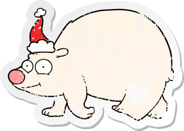 Bir insan tarafından çizilmiş Noel Baba şapkası giymiş yürüyen bir kutup ayısının kederli çıkartması.