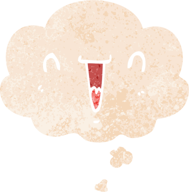 Düşünce baloncuğu ve grunge ile sevimli mutlu çizgi film yüzü bir insan tarafından çizilmiş sıkıntılı retro dokuma tarzı