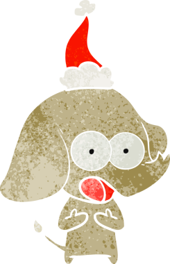 Bir insan tarafından çizilmiş Noel Baba şapkası takan bir fil çizilmiş.