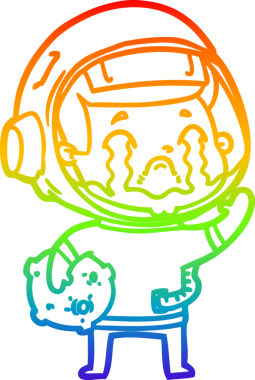 Gökkuşağı gradyan çizgi çizimi bir insan tarafından çizilmiş ağlayan astronot