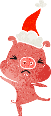 Bir insan tarafından çizilmiş Noel Baba şapkası giymiş öfkeli bir domuzun el çizimi karikatürü.