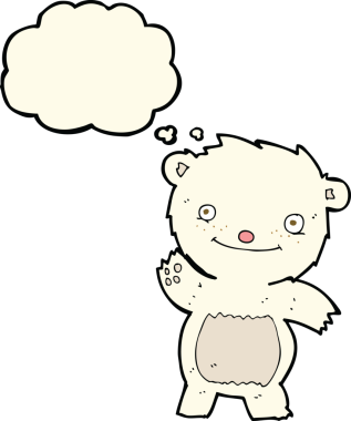 Bir insan tarafından çizilmiş düşünce baloncuğu ile kutup ayısı yavrusu sallayan çizgi film