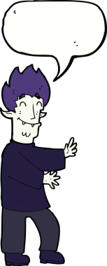 Bir insan tarafından çizilmiş konuşma balonlu heyecanlı vampir çizgi filmi.