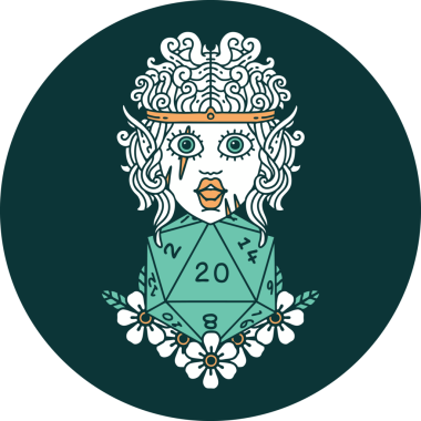 Bir insan tarafından çizilmiş 20 zarlı elf barbar karakteri simgesi.