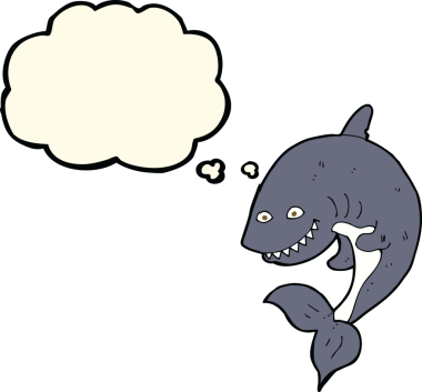 Bir insan tarafından çizilmiş düşünce baloncuklu çizgi film köpekbalığı.