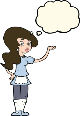 Bir insan tarafından çizilmiş düşünce kabarcığı olan çizgi film garsonu.