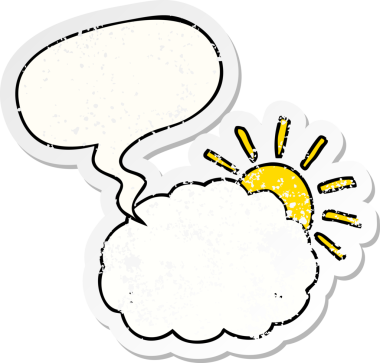 Güneş ve bulut sembolü bir insan tarafından çizilmiş sıkıntılı eski bir çıkartma.