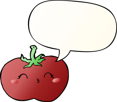 bir insan tarafından çizilmiş, konuşma baloncuklu çizgi film domatesi.