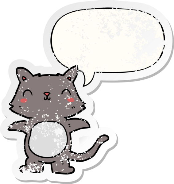 Konuşma baloncuğu olan çizgi film kedisi bir insan tarafından çizilmiş sıkıntılı eski bir çıkartma