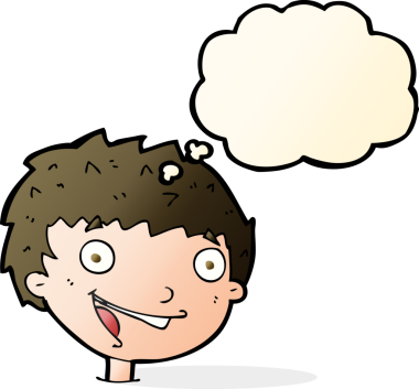 Bir insan tarafından çizilmiş düşünce balonlu gülen çocuk.