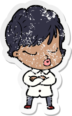 Bir insan tarafından çizilmiş gözleri olan karikatürlü bir kadının sıkıntılı çıkartması.