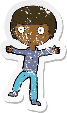 Çizgi filmin gerilimli retro çıkartması bir insan tarafından çizilmiş korkmuş çocuk.