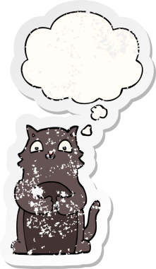 Düşünce baloncuğu olan çizgi film kedisi insan tarafından çizilmiş yıpranmış bir çıkartma.