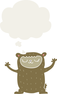 Bir insan tarafından çizilmiş düşünce baloncuğu olan sevimli çizgi film ayısı.